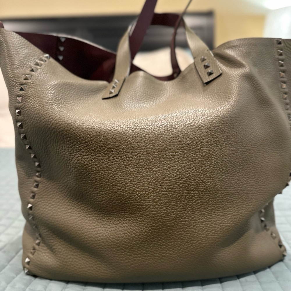 Valentino Rockstud Reversible Studded Leather Tote Bag with strap